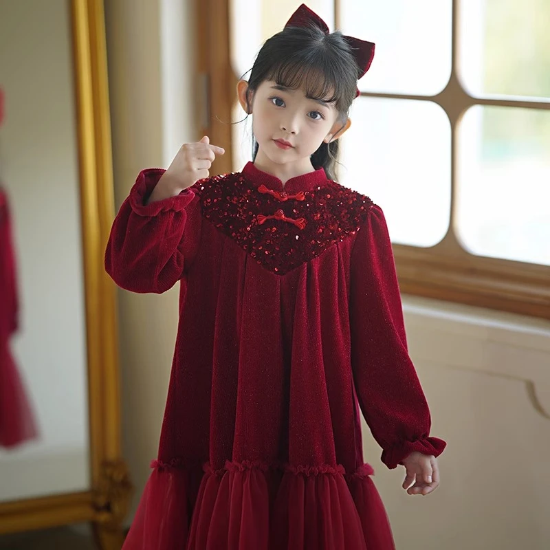 女童红色丝绒连衣裙2025新款秋冬小女孩洋气公主裙儿童加绒裙子冬