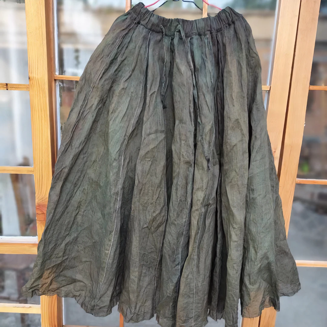 手工制作植物染色柿绿色双层半裙