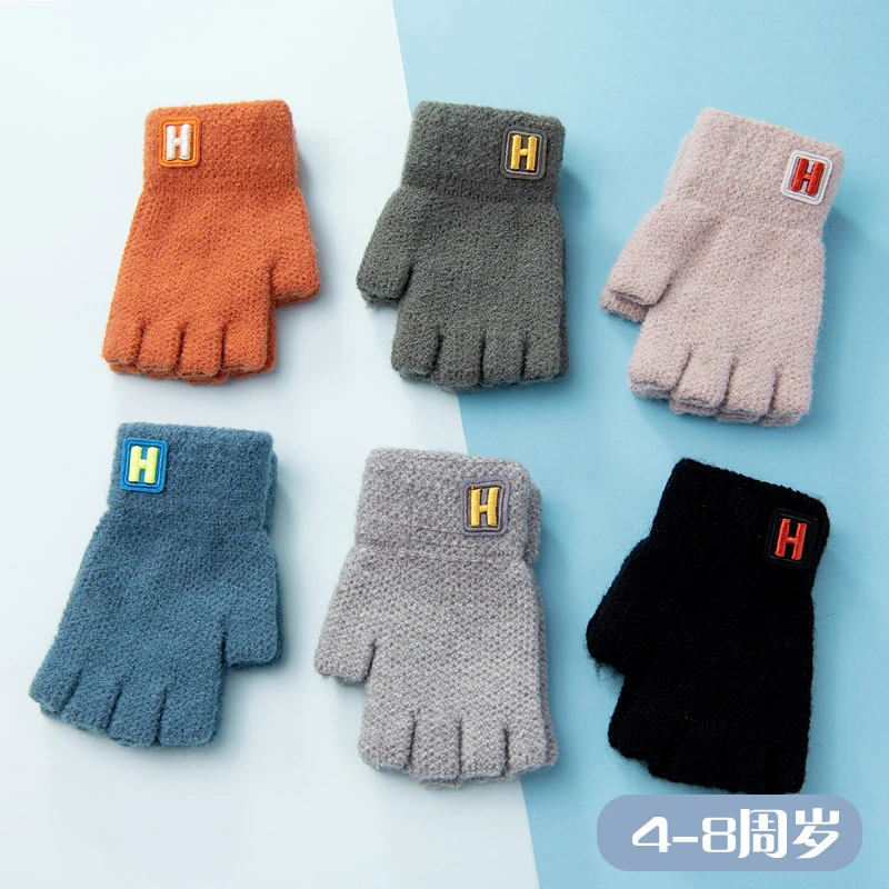 儿童半指手套秋冬季冬天男孩子小学生写字中大童针织毛线半截露指