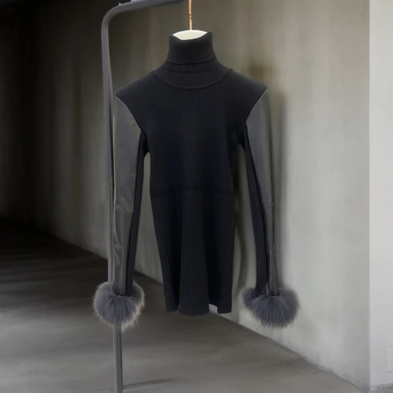 女款长袖 针织衫 狐狸毛毛黑色百搭高领毛衫时尚修身套头