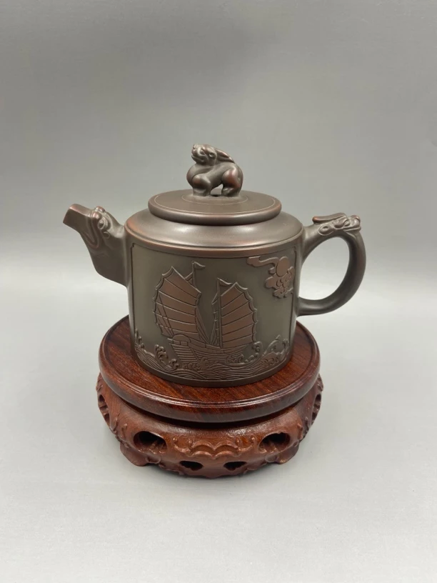 坭兴陶手工精品泡茶壶 高身传龙壶 浮雕一帆风顺
