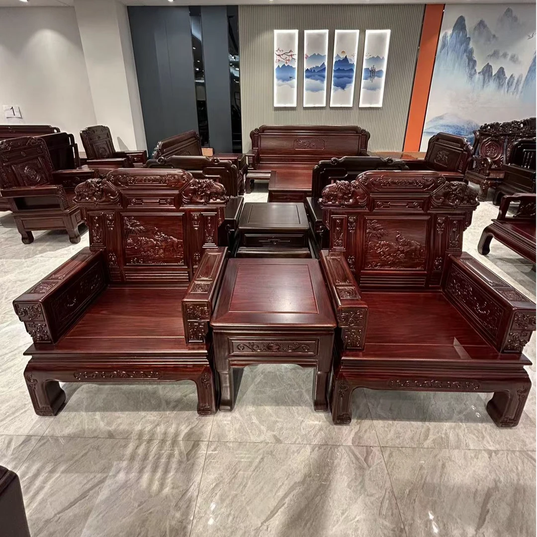 万象更新三件套沙发客厅简约家用古典别墅木质雕花两用榫卯