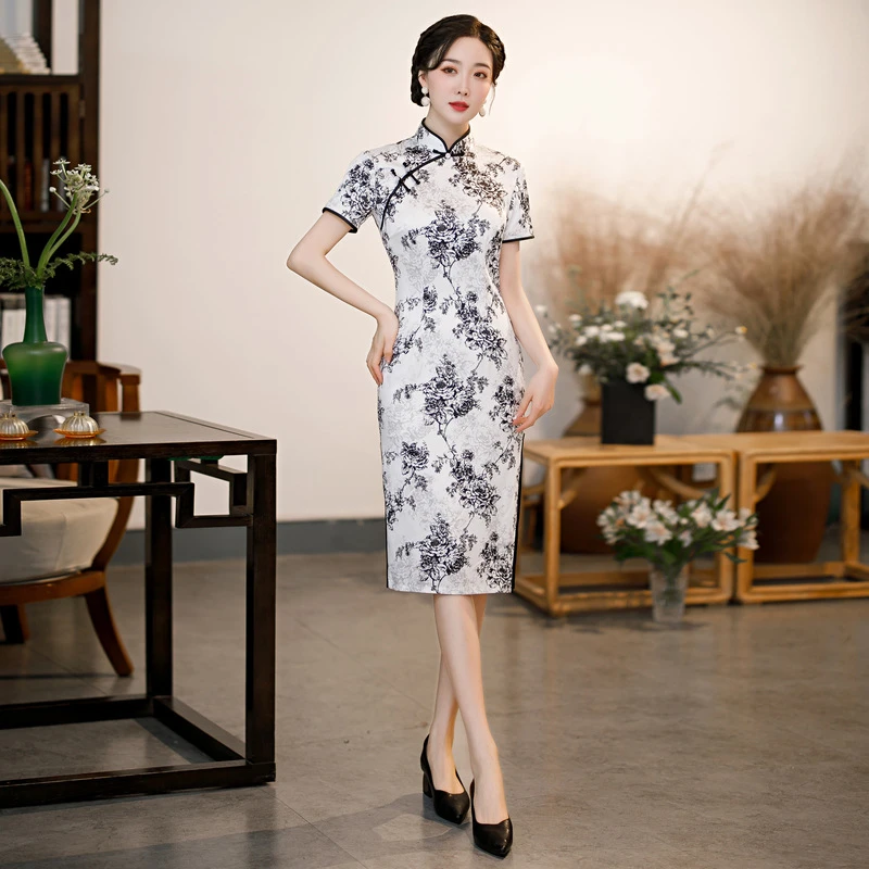 【白色N70】2023夏季新款复古修身气质优雅旗袍日常中式