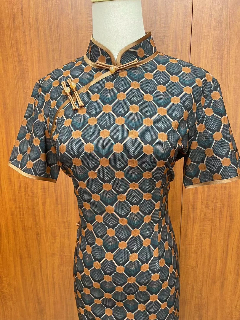 【黄色菱格】2024新款中国风修身复古优雅长款长袖旗袍