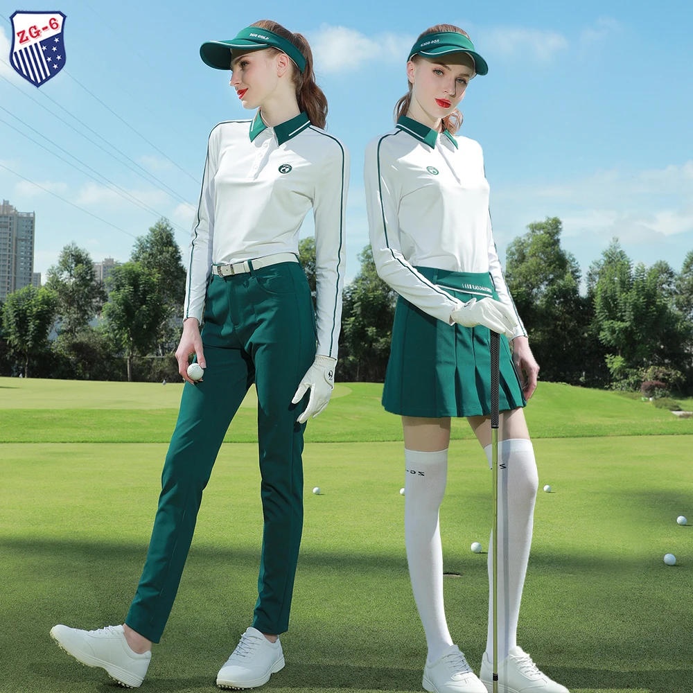 春秋ZG6高尔夫女装球服装女士球衣长袖速乾白色T恤上衣墨绿色短裙
