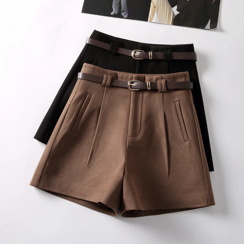 加绒加厚毛呢高腰短裤女秋冬呢子a字大码阔腿显瘦可外穿内搭靴裤