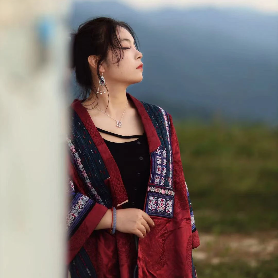 夜兰古绣 民族风上衣女外套 老绣花复土布革一苗族盛装上衣民族风