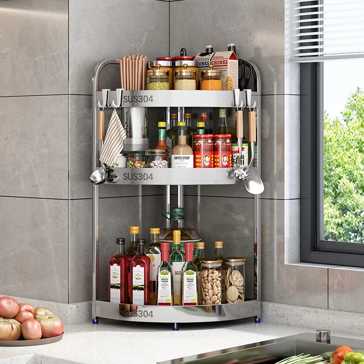 304不锈钢厨房置物架 调味品三角架调料架台面墙角刀架筷子收纳架