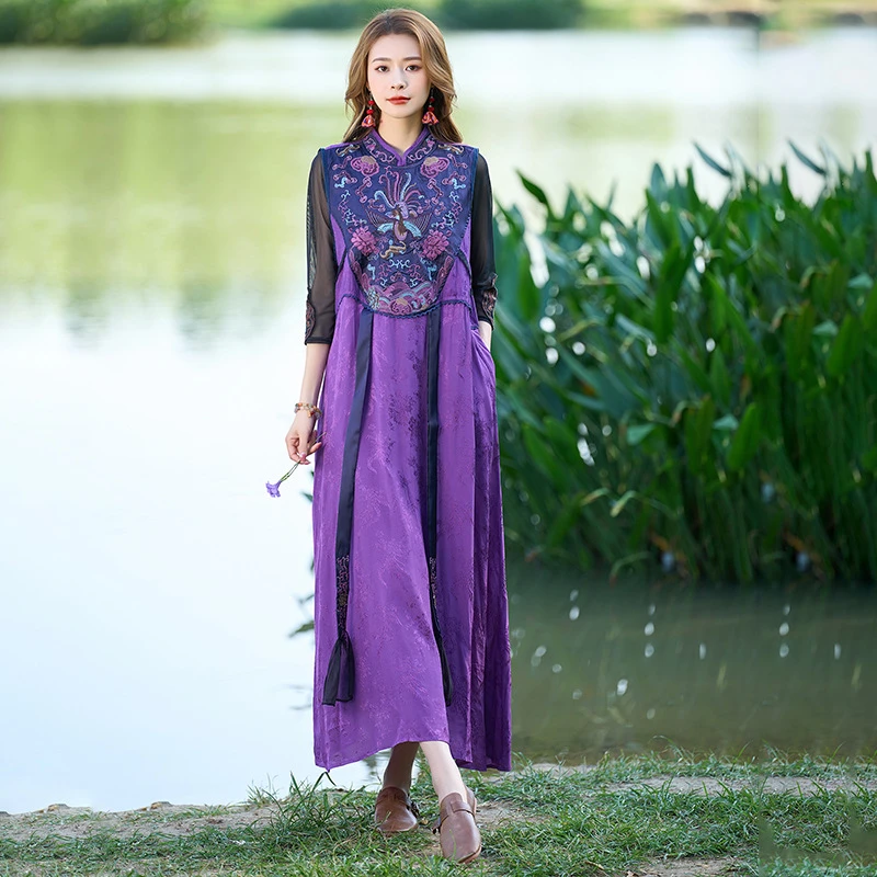 春夏季新款民族风复古重工刺绣长款无袖背心裙中式立领连衣裙气质