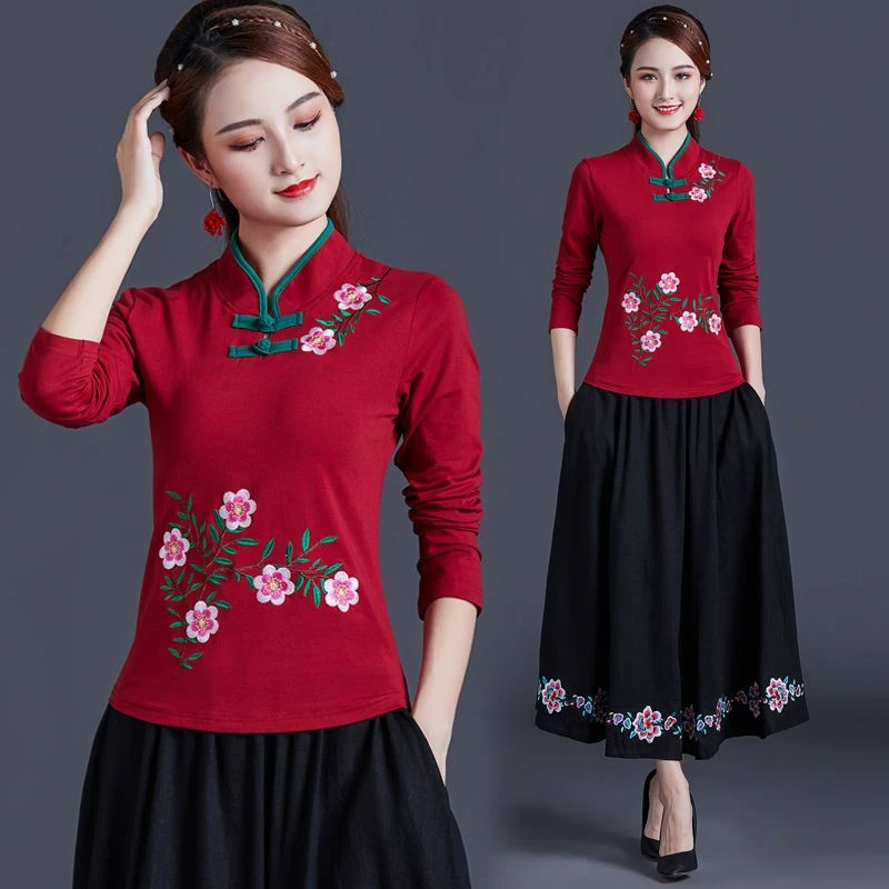 新款民族风女装上衣 复古打底衫中国风刺绣立领盘扣长袖t恤女大码