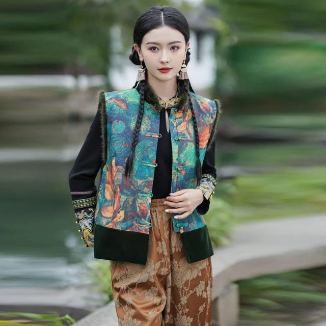 实拍新款冬季中国风丝绒水貂毛加棉马夹新中式印花拼接棉坎肩外套