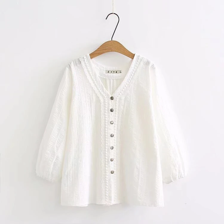 水洗纯棉品质款V领宽松大码女装大板型微胖mm白色衬衫衬衣上衣