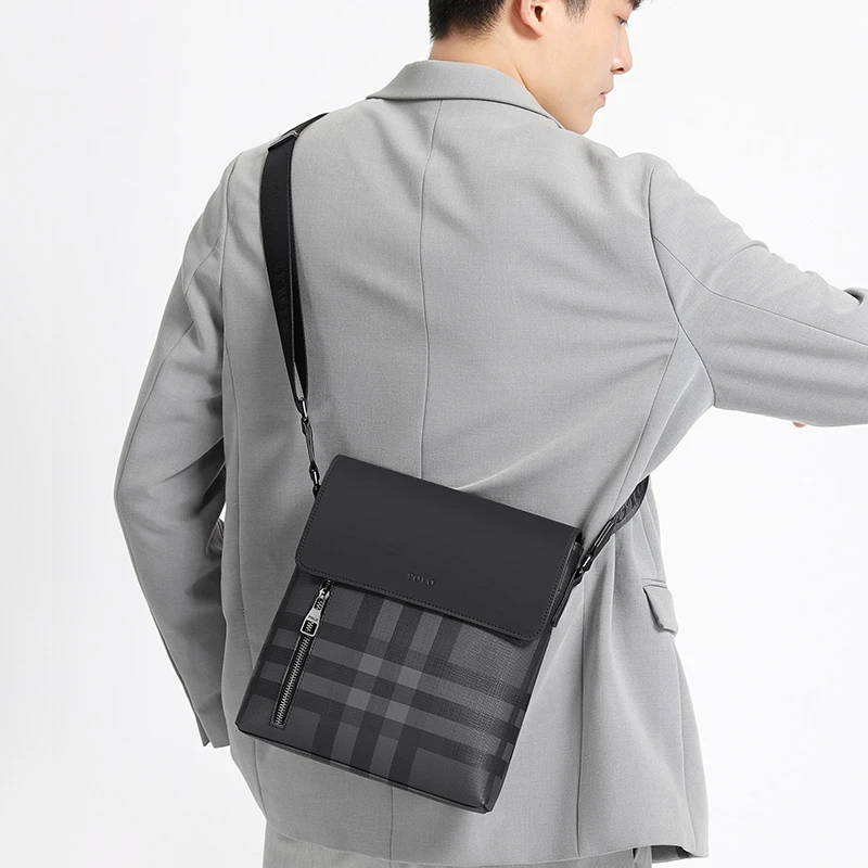 POLOBQ斜挎包时尚百搭男挎包大容量男士单肩包格纹复古青年男包