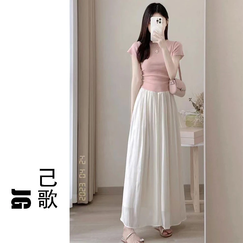 【己歌】 茶里茶气高腰A字半身裙女小个子新款爆款夏季温柔粉色套装