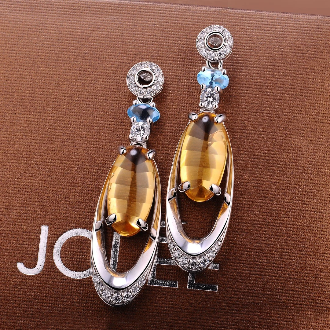 Jolee耳钉女时尚晚宴款S925银黄晶彩色宝石耳坠首饰品送女生礼物