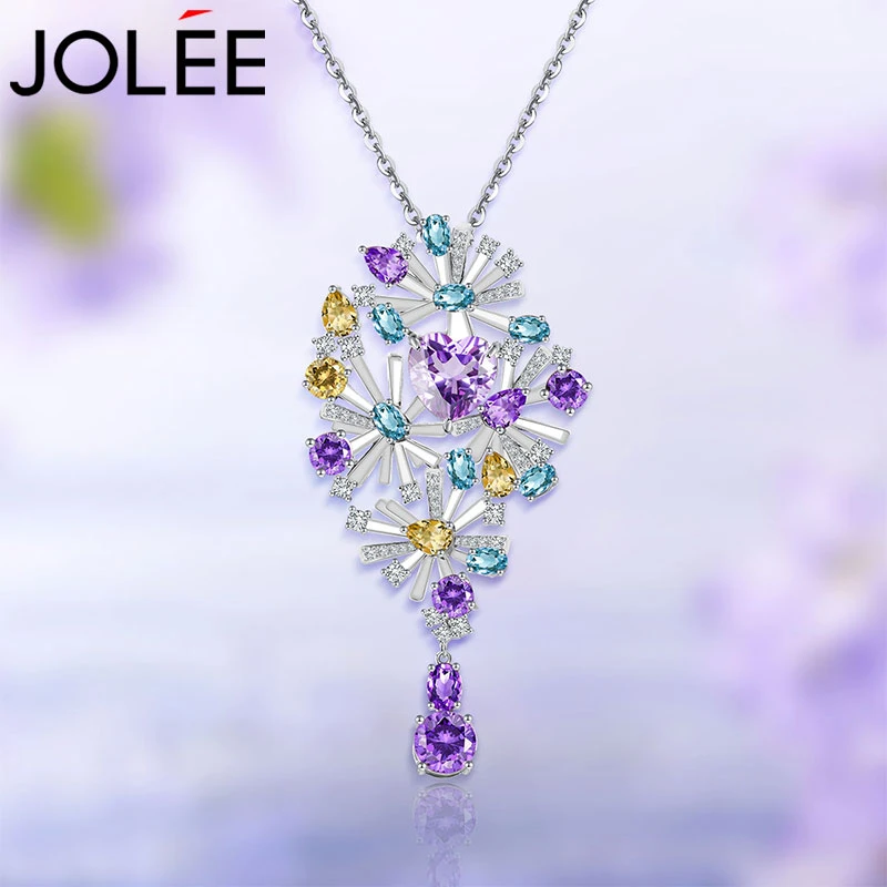 Jolee项链女S925银时尚紫水晶托帕石彩宝饰品毛衣链送女生礼物
