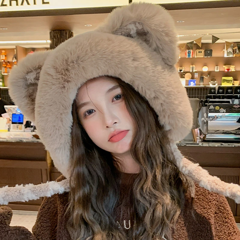 小熊帽子女百搭毛绒加厚防风帽保暖韩版学生时尚加绒帽骑车秋冬季