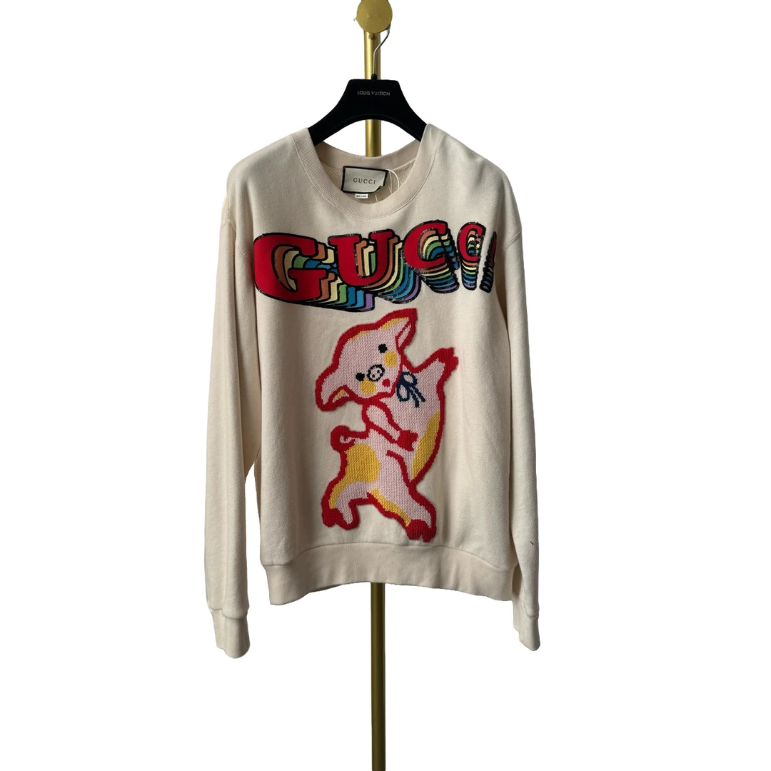 Gucci  古驰  米白色小猪针织刺绣亮片logo圆领卫衣  xs码