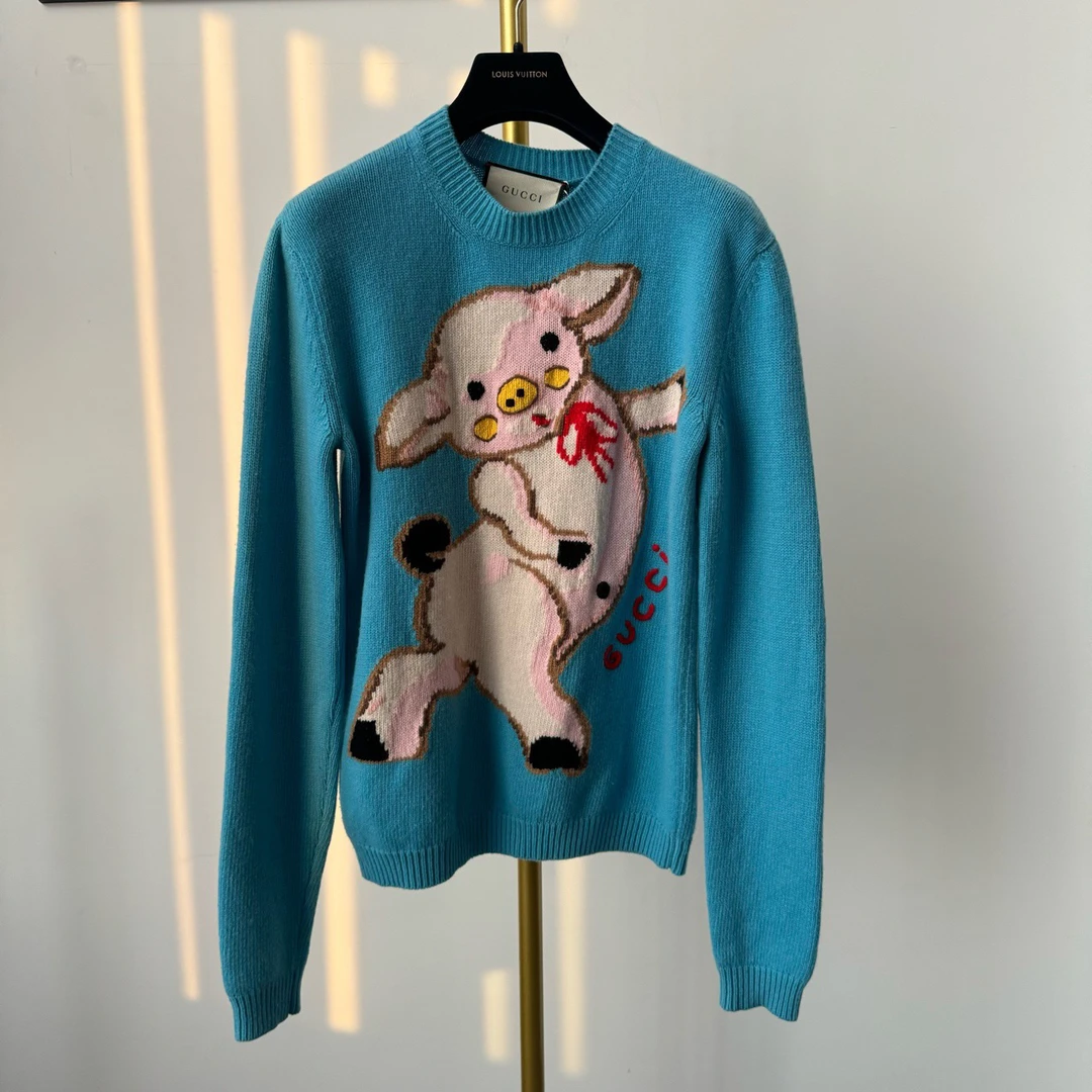 gucci  古驰  蓝色小猪针织图案毛衣  全新带吊牌  xs码