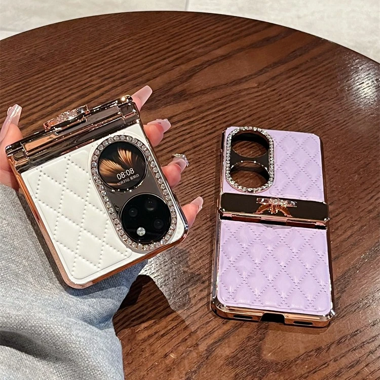 适用华为P50pocket手机壳新款折叠pocket s高级女镶钻皮质铰链