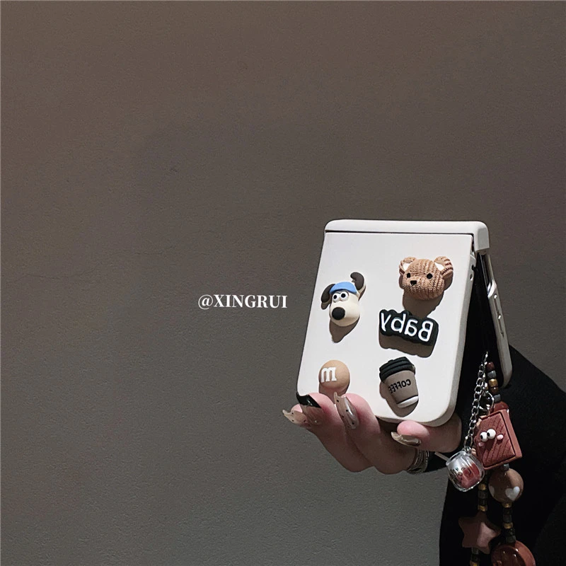 白色立体咖啡小熊链条适用华为pocket2/s折叠屏手机壳小米mixflip