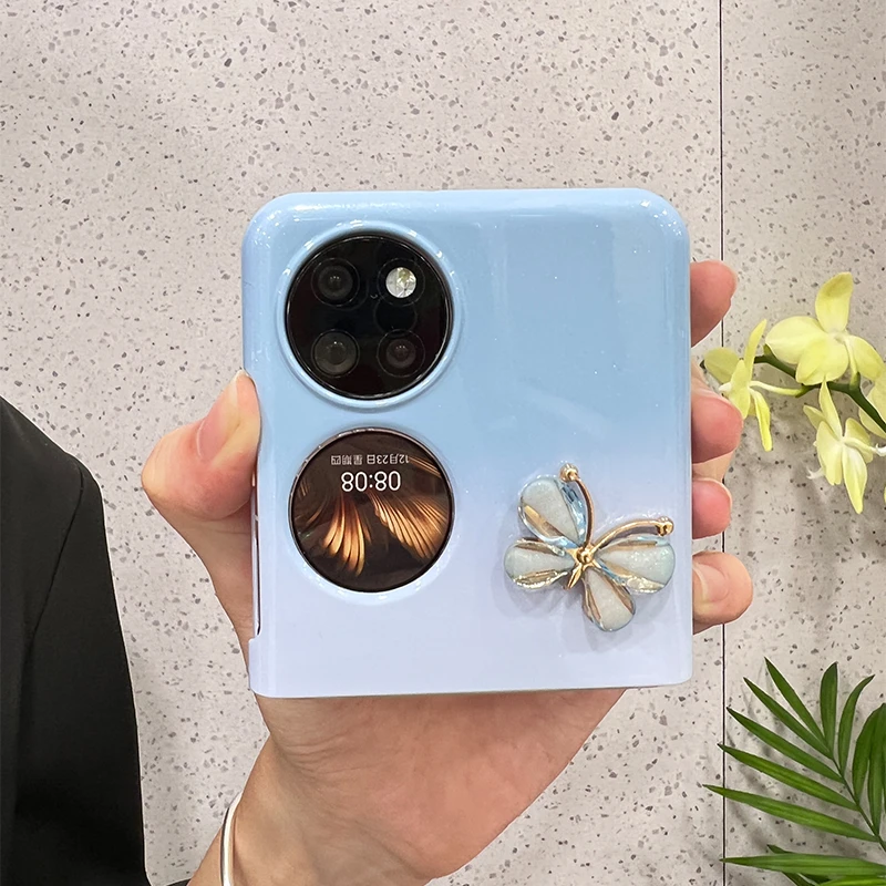蓝光面闪粉杏色小蝴蝶华为p50pocket手机壳findn2flip折叠pocket2