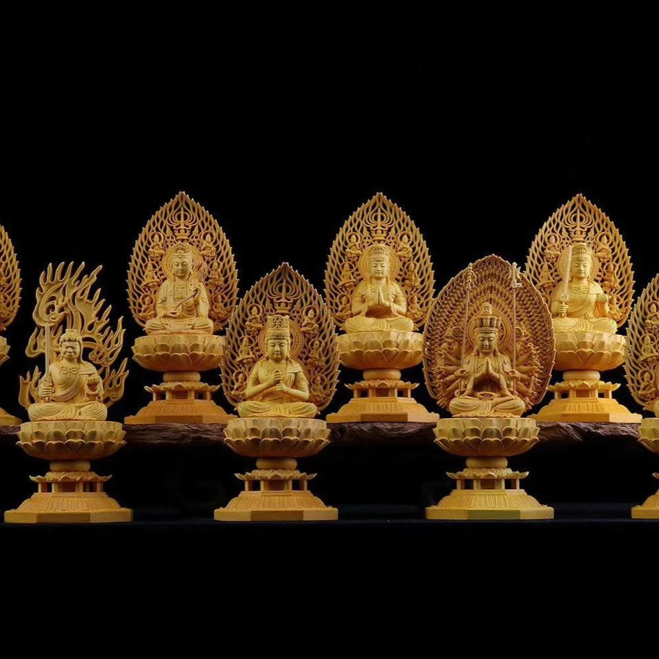 桧木雕虚空藏菩萨八大守护神本命佛像如来金刚莲花底座供奉大摆件