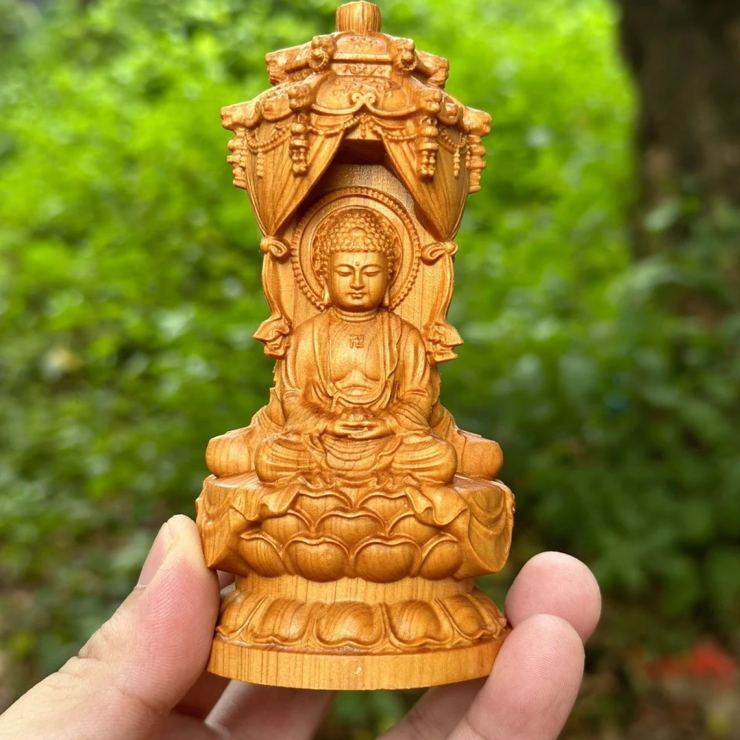 崖柏木西方三圣木雕车摆件工艺品家居装饰摆件高度12.5cm
