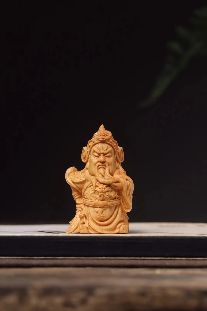 招财关公崖柏6cm雕像武财神客厅家居家用桌面木质工艺品摆件