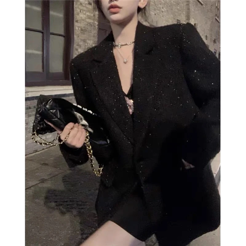 独特亮闪银丝混纺西装外套女秋冬季2024新爆款高级感上衣外套女