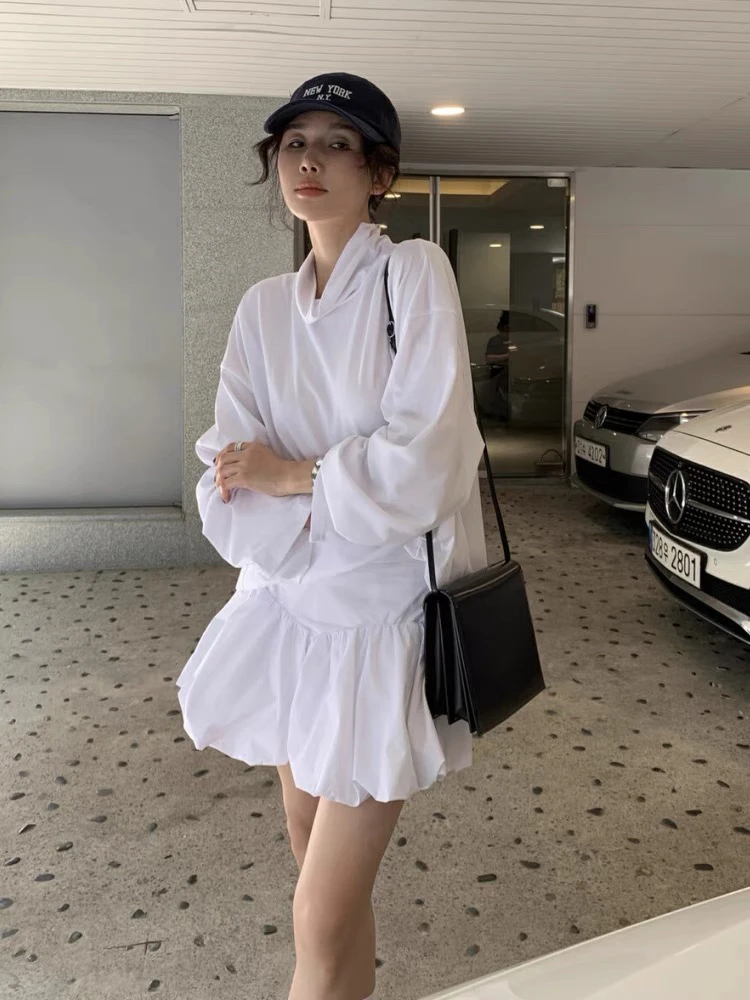 新款堆堆高领纯色宽松中长款长袖T恤花苞裤裙洋气套装女