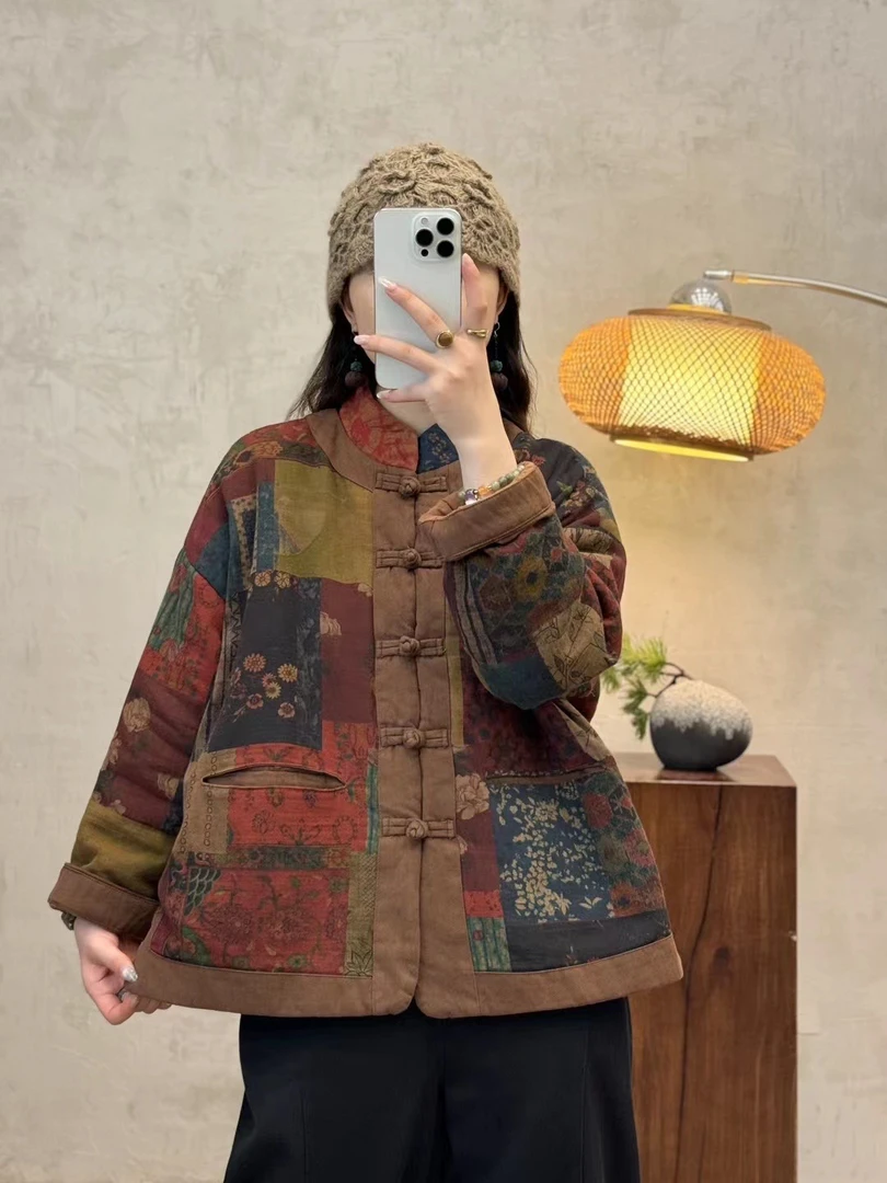 冬季新款女士百家布拼接加厚棉服复古印花保暖棉袄长袖宽松棉衣