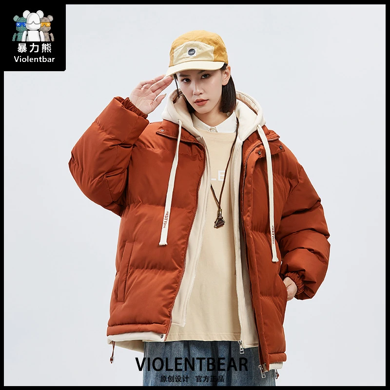 暴力熊休闲宽松棉服男冬季新款青少年感假两件棉衣情侣装保暖外套