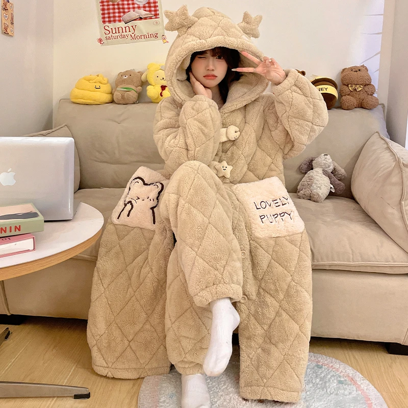 三层夹棉加绒加厚珊瑚绒睡衣女冬季2024新款爆款保暖可外穿家居服