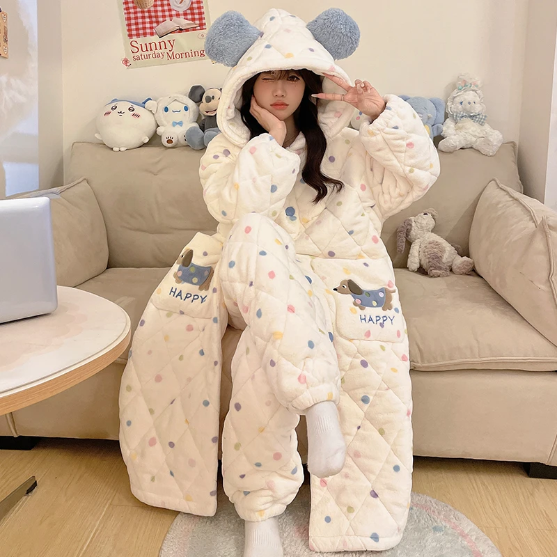 三层夹棉珊瑚绒睡衣女冬季加绒加厚2024新款爆款保暖可外穿家居服