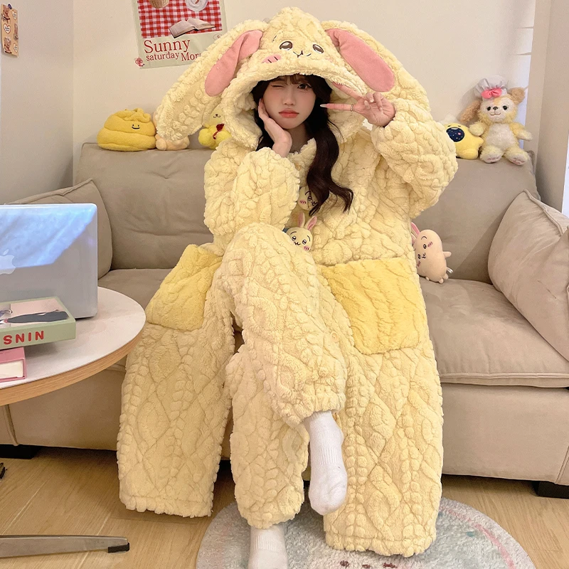 三层夹棉加绒加厚珊瑚绒睡衣女秋冬季2024新款睡袍可外穿家居服