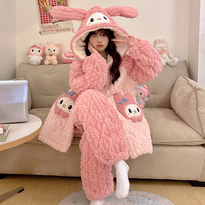 三层夹棉2024新款珊瑚绒睡衣女秋冬季加绒加厚美乐蒂可外穿家居服