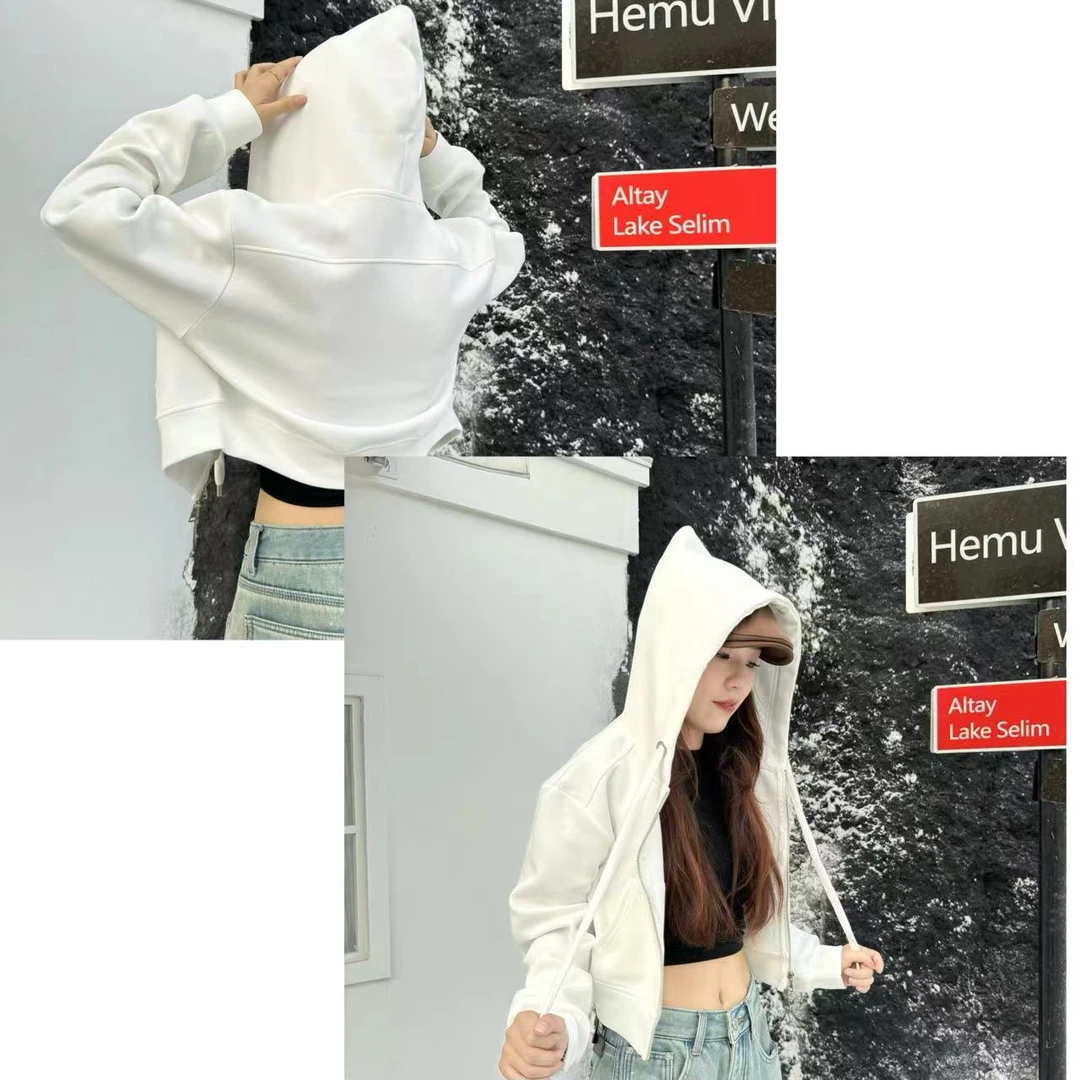 1803连帽领高级感修身纯色简约短款拉链开衫卫衣外套