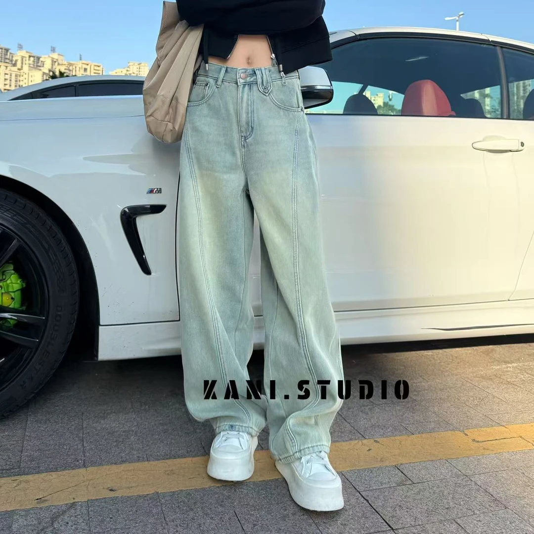 KANI EZ7300-2冬季加厚加绒复古水洗设计感高街牛仔弯刀老爹裤