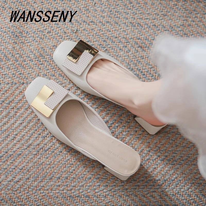 WANSSENY2025年夏季新款包头半拖鞋女外穿真皮粗跟单鞋穆勒鞋凉拖