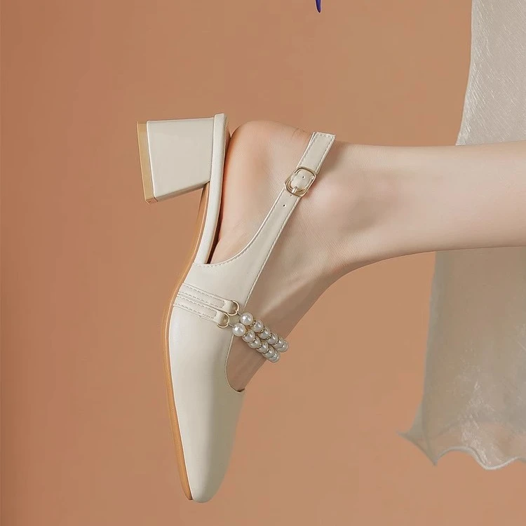 WANSSENY真皮法式包头凉鞋女2025新款外穿中跟粗跟配裙子高跟鞋