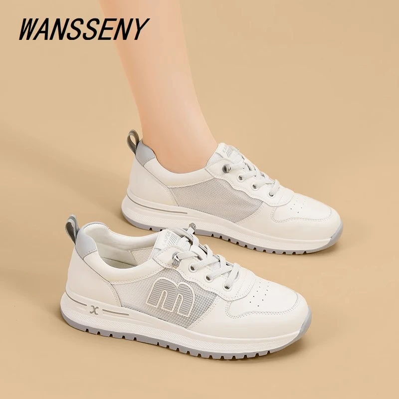 WANSSENY旅游鞋女2025夏季新款小白鞋时尚休闲运动透气网面跑步鞋