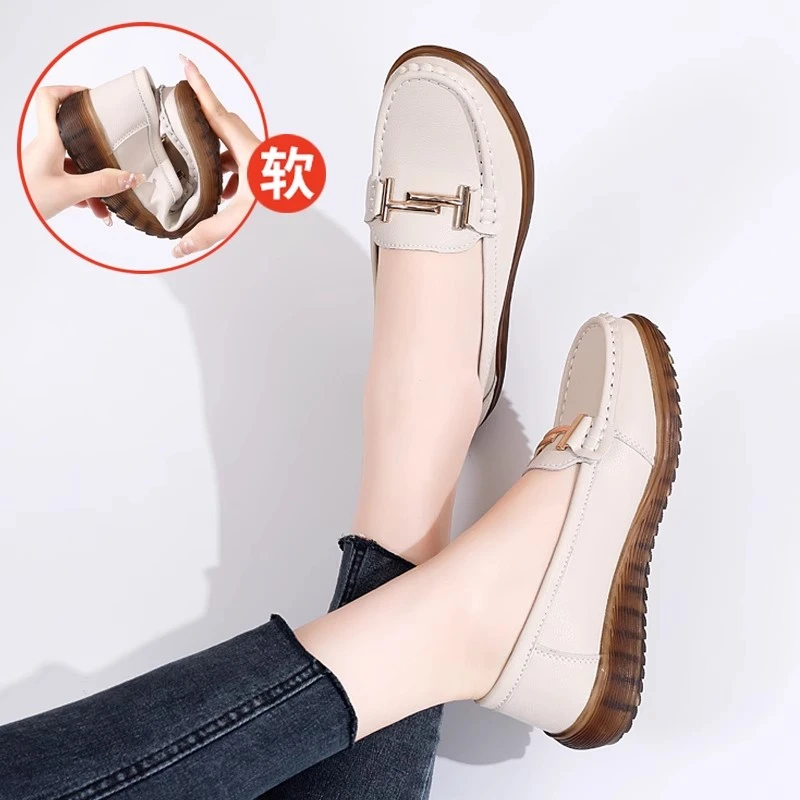 WANSSENY真皮妈妈女式鞋轻便软底防滑单鞋女2025新款透气豆豆鞋