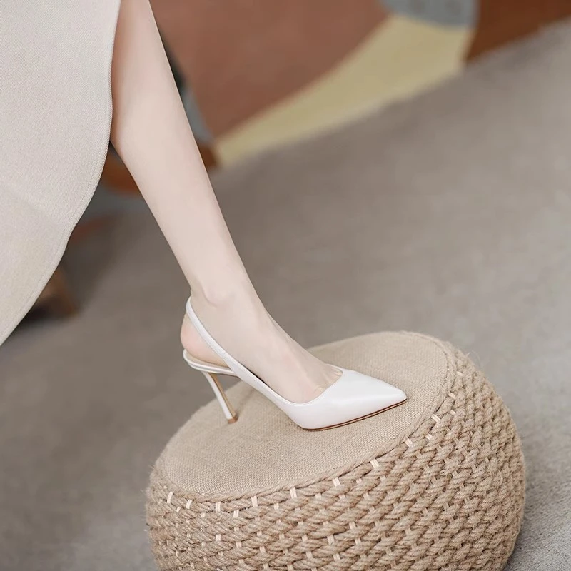 WANSSENY女鞋春夏新款包头凉鞋一字带网红浅口细跟米白色高跟鞋女