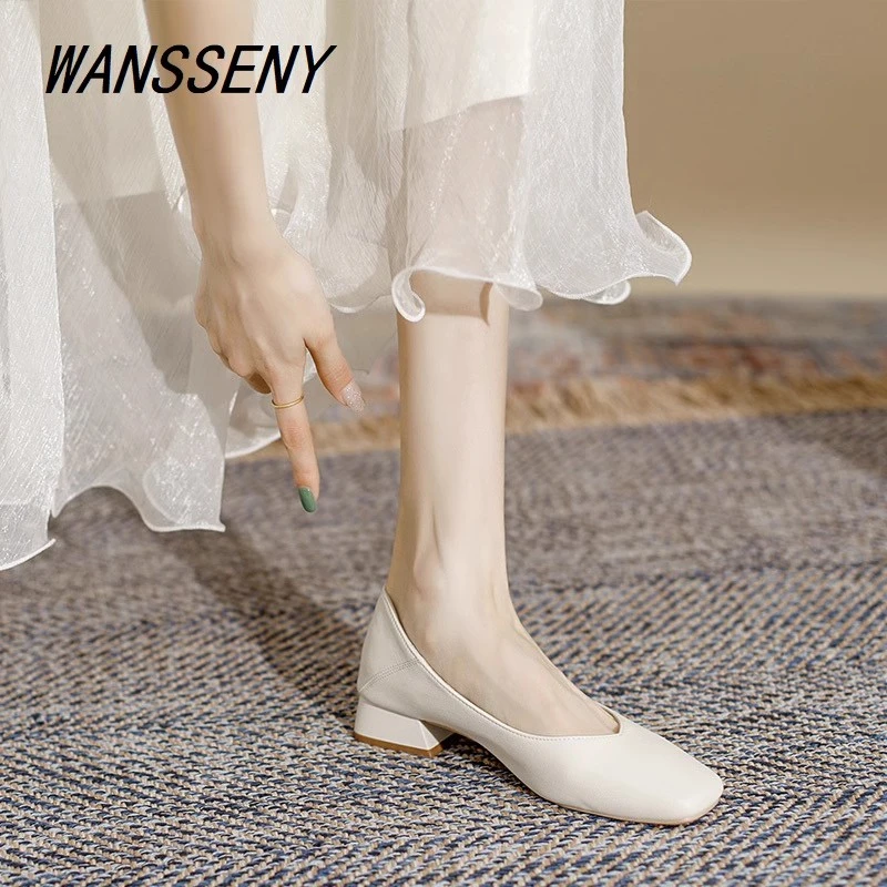 WANSSENY2025年新款真皮奶奶鞋女粗跟单鞋中跟高跟鞋夏季透气女鞋