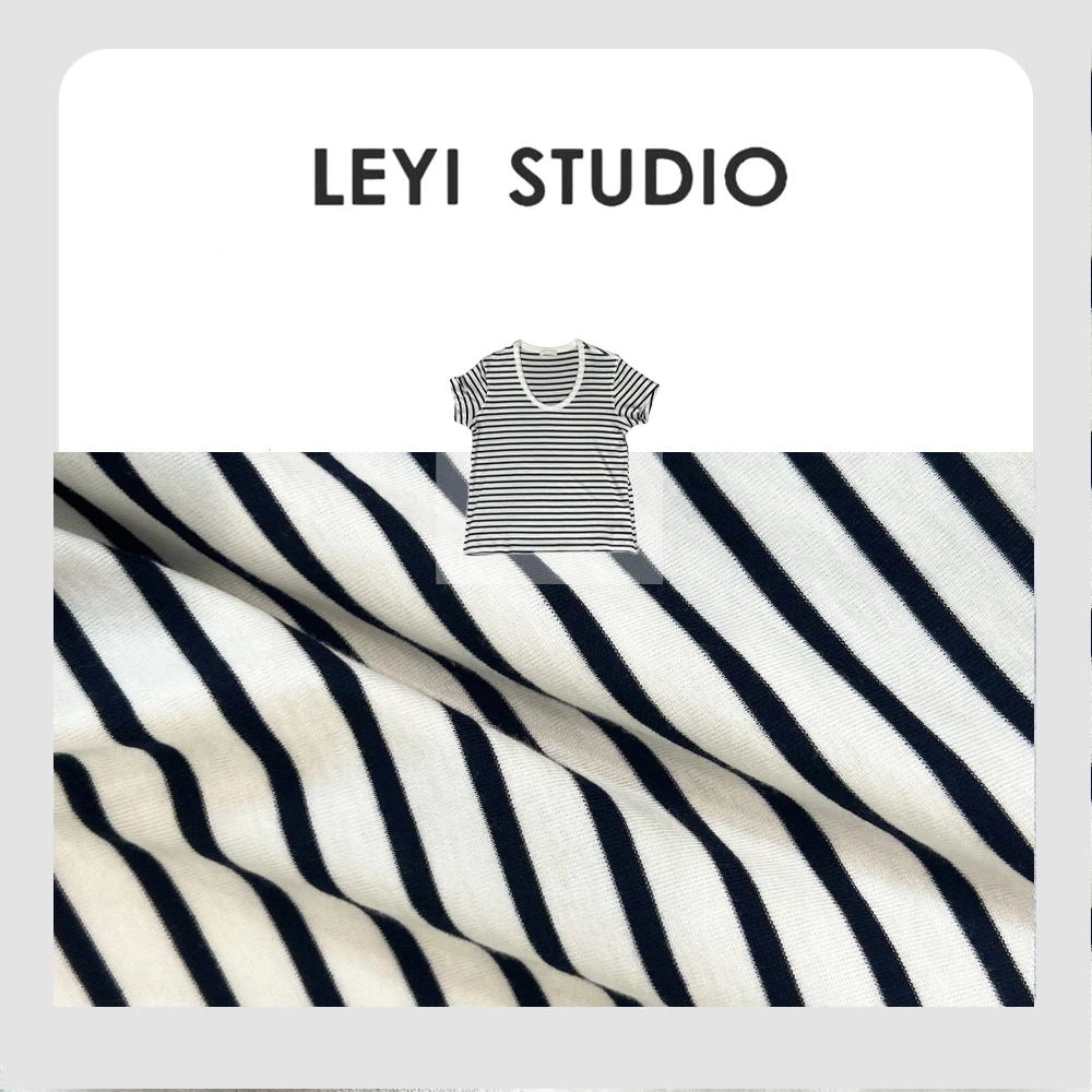 LEYI “条条T”莱赛尔羊毛高品质法式简约撞色条纹短袖T恤-74662