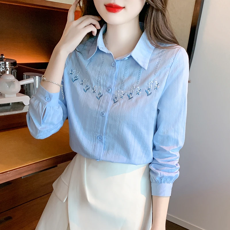 绣花全棉衬衫女长袖2025春秋季新款上班职场OL风休闲白色纯棉衬衣