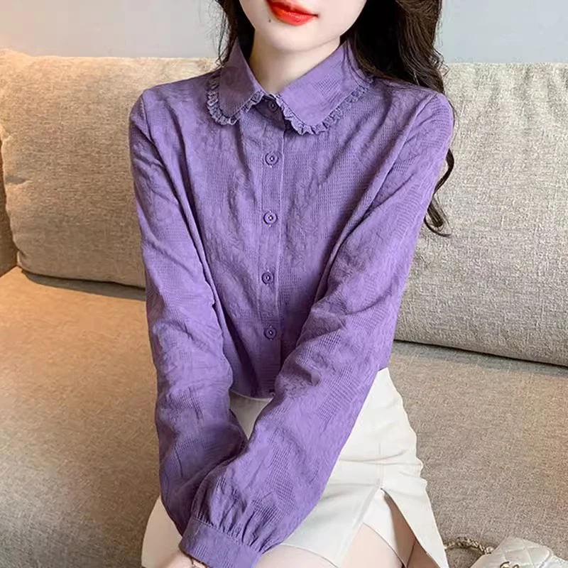 纯棉衬衫女长袖2025春季新款百搭时尚减龄全棉衬衣女士娃娃领上衣