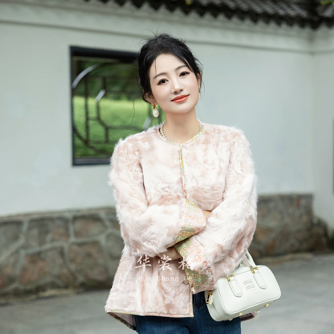 华裳格新中式蟾宫折桂 稀有象羔羊毛正品宋锦一体外套HS1210