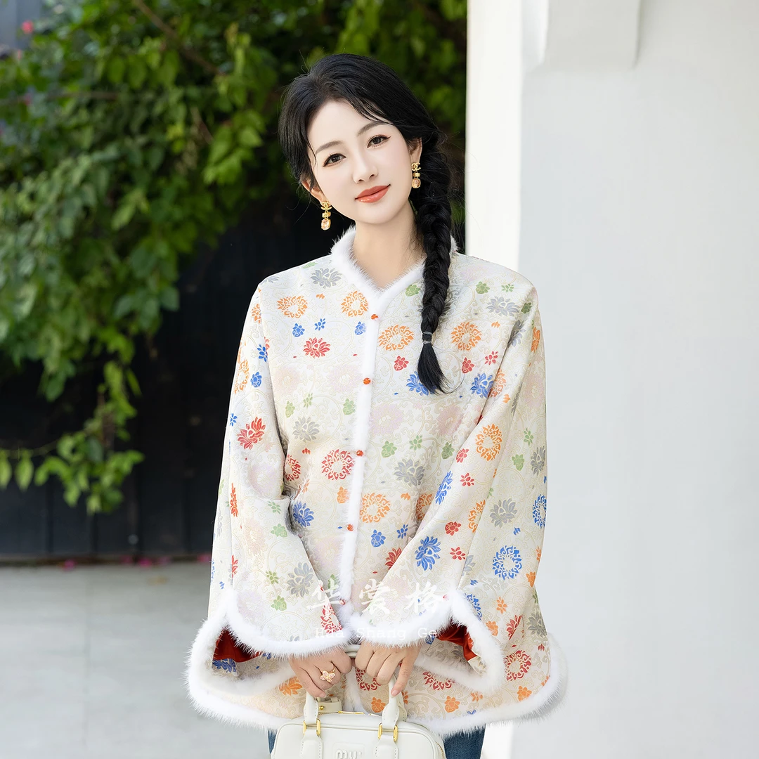 华裳格新中式上久楷金边缠枝莲正品宋锦拼水貂夹骆驼绒外套HS1338